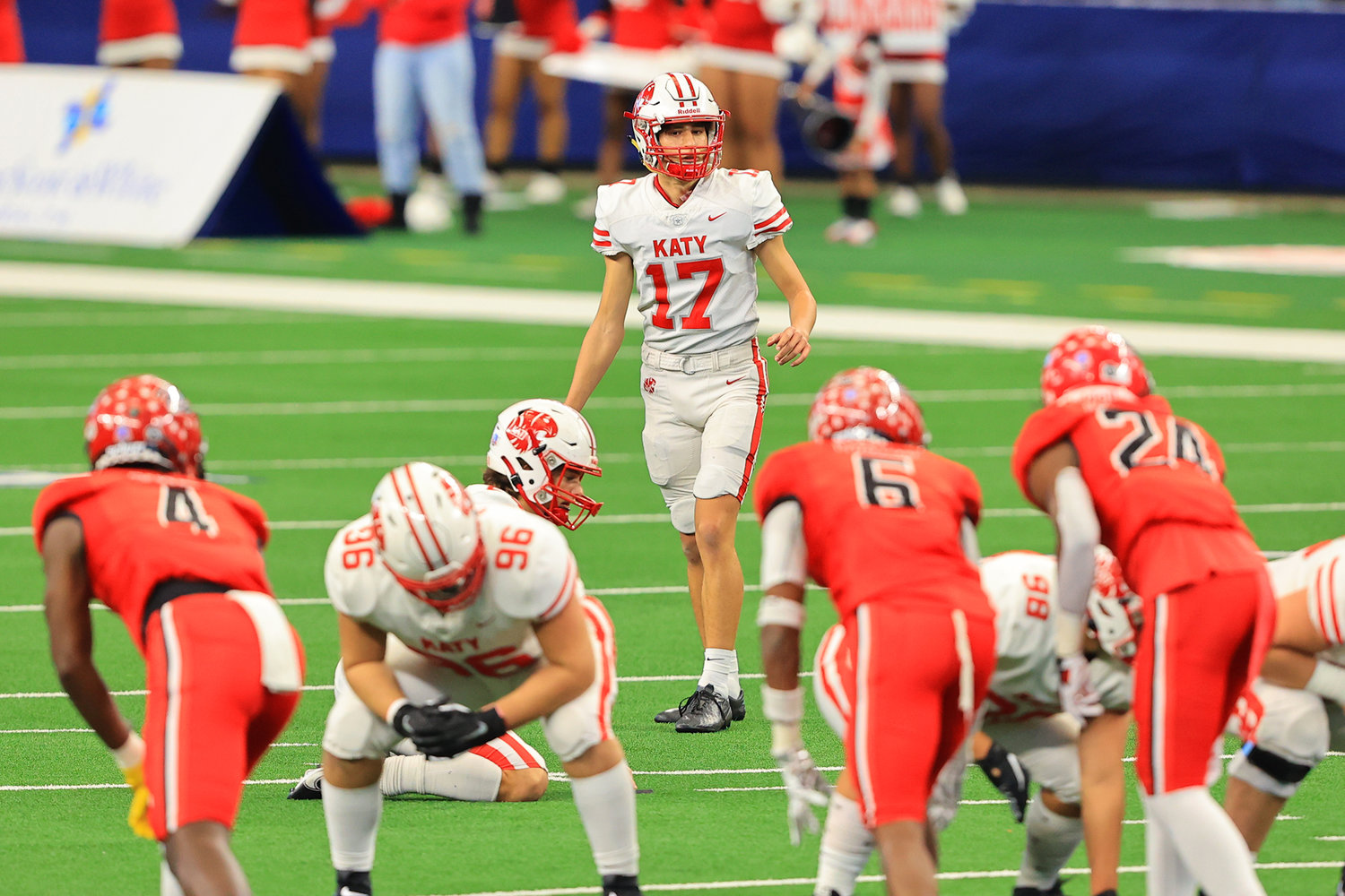 Katy High senior kicker Nemanja Lazic lines up to attempt a 48-yard field goal in the first half of the Tigers’ 51-14 Class 6A-Division II state championship win over Cedar Hill on Saturday, Jan. 16, at AT&T Stadium in Arlington. Lazic made the field goal, tying a UIL state record for longest field goal made.